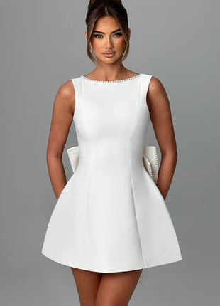 Big-Bowed Pearls Backless Slim Dress
