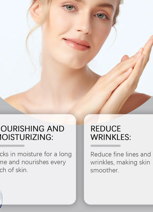 Woman applying skincare product with text on nourishing and moisturizing, reducing wrinkles.
