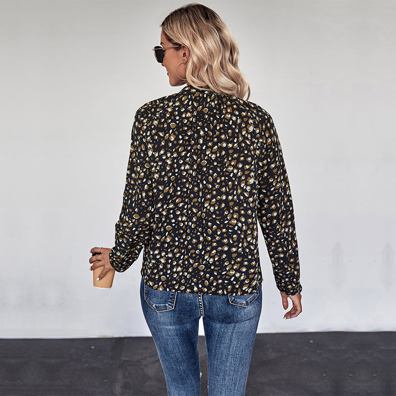 Pullover Long Sleeve Bow Collar Printed Shirt