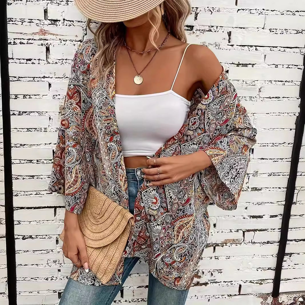 Ethnic Print Round Neck Shirt Bohemian Long Sleeve Shirt