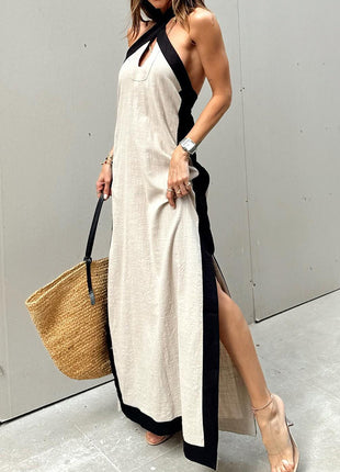 Cotton And Linen Backless Halter Split Dress