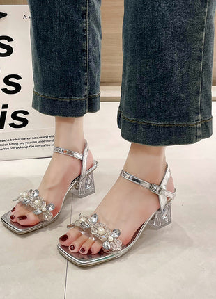 Chunky Rhinestone One-strap High Heels