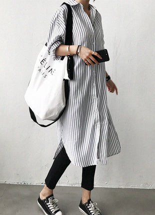 Lazy Cold Style Mid-length Striped Shirt