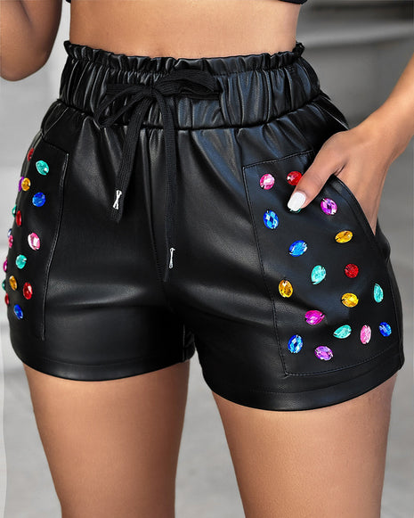 Rhinestone PU Leather Shorts