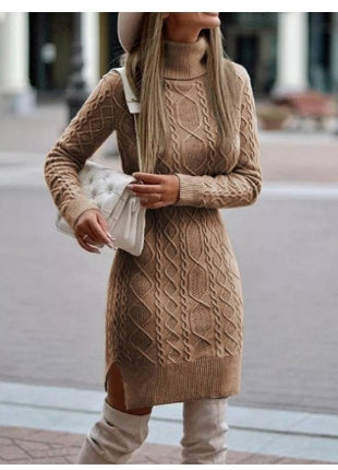 Turtleneck Knitted Slit Winter Dress