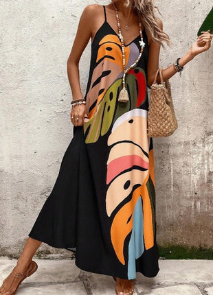 Colorful Leaf Printed Strappy Maxi Dress