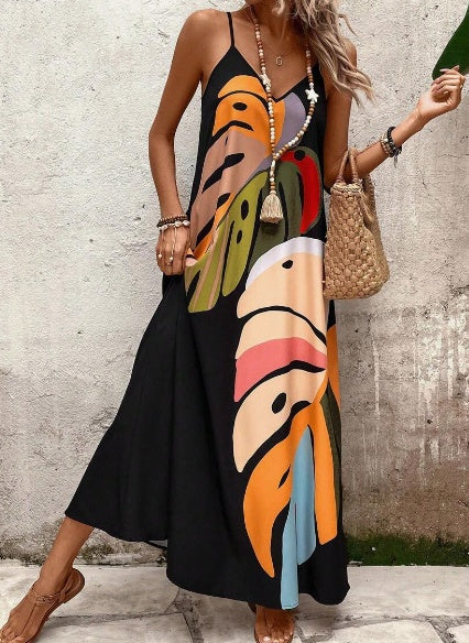 Colorful Leaf Printed Strappy Maxi Dress