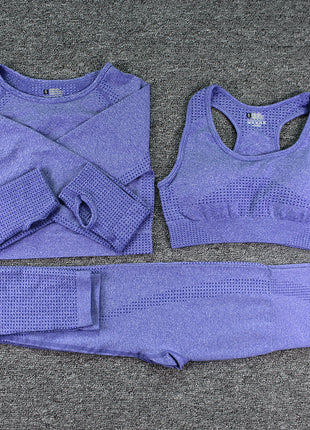 Three-piece Bra, Long Sleeve Top and Trousers Yoga Suit