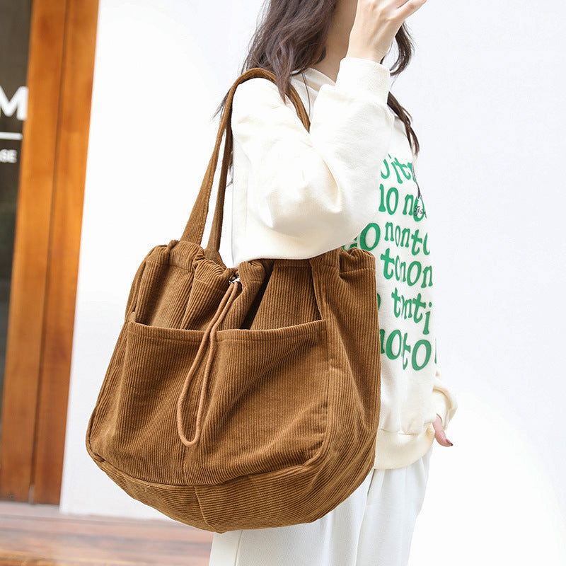 Ins Corduroy Shoulder Drawstring Multi-pocket Handbag