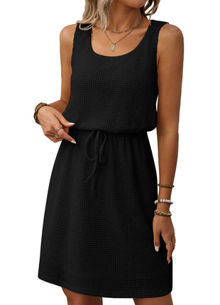 Square Collar Drawstring Sleeveless Vest Dress With Lining