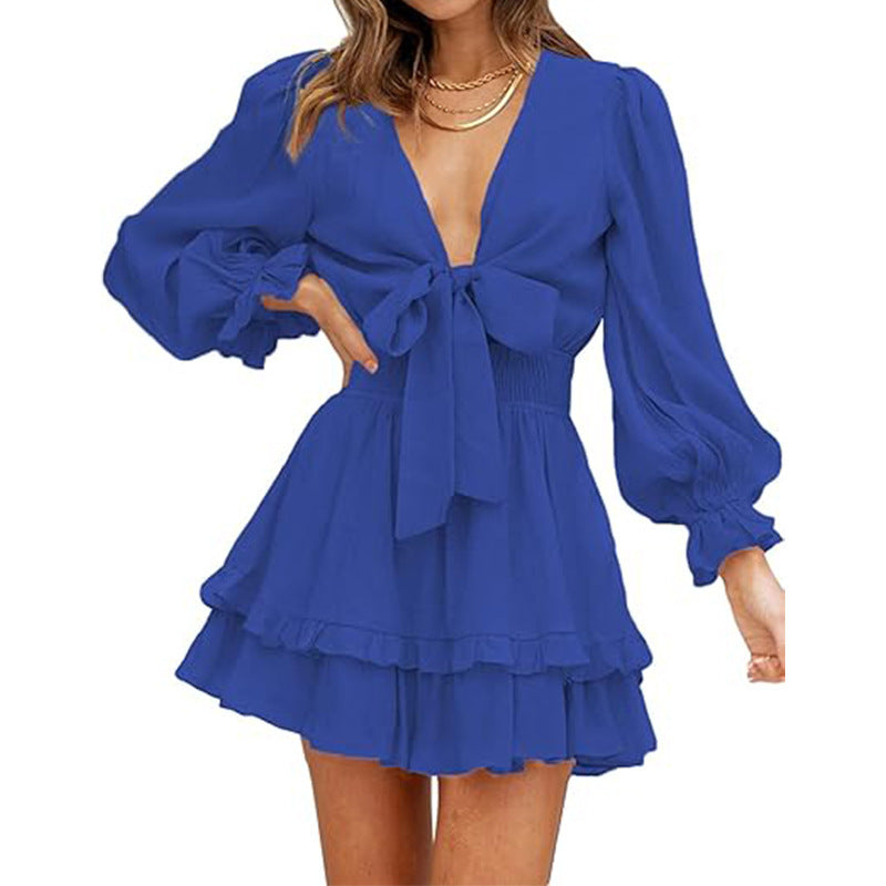 V-neck Ruffled Slimming Long Sleeves Dress