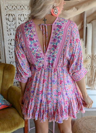 Floral V-neck Sleeves Irregular Dress