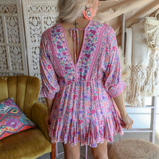 Floral V-neck Sleeves Irregular Dress