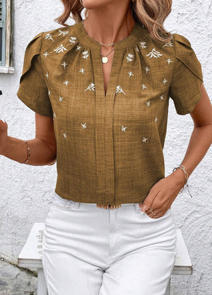 Half-open Collar Short Sleeve Shoulder Creasing Blouse