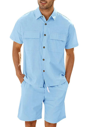Cotton Short Sleeve Pockets Shirt And Drawstring Shorts Set