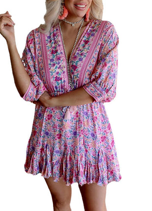 Floral V-neck Sleeves Irregular Dress