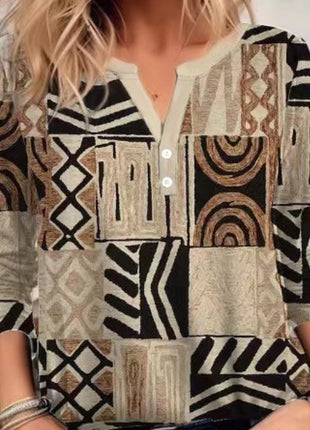 V-neck Pattern Long Sleeve Shirt