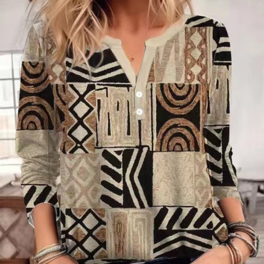 V-neck Shirt Geometric Pattern Casual Long Sleeve Shirt