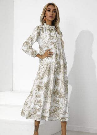 Round Neck Printed Loose Ninth-sleeve Dress