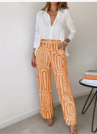 Casual Long-sleeved Lapel Shirt Wide-leg Pants with Belt Suit Set