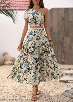 Crop One Shoulder Blouse & Ruffle Hem Skirt