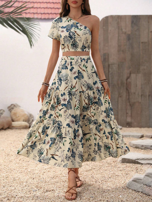 Crop One Shoulder Blouse & Ruffle Hem Skirt