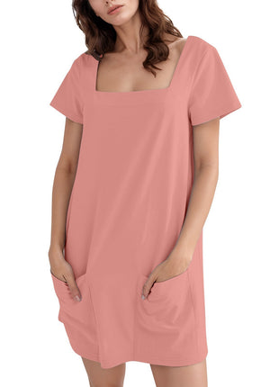 Square Collar Short Sleeve Short Skirt Pocket Dress