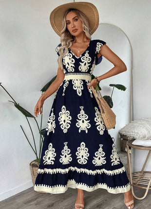 Trim Sleeve Cinched Waist Ruffle Hem A-Line Dress