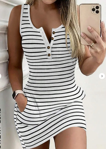 Round Neck Keyhole Button Pockets Striped Fitted Knit Tank Dress