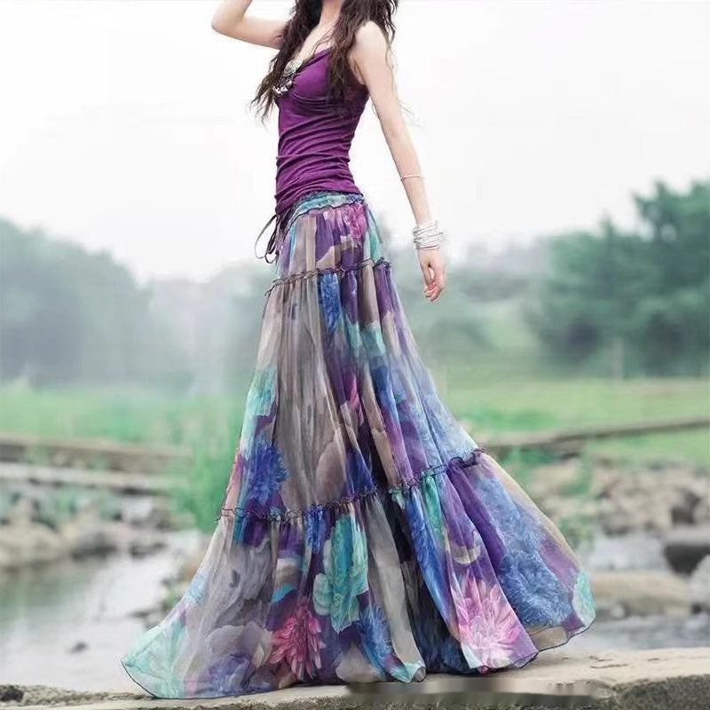 Art Retro Elastic Waist Slimming Large Hem Skirt