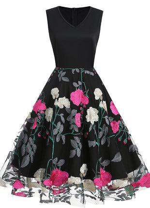 V-neck Sleeveless Mesh Peony Patchwork Dress
