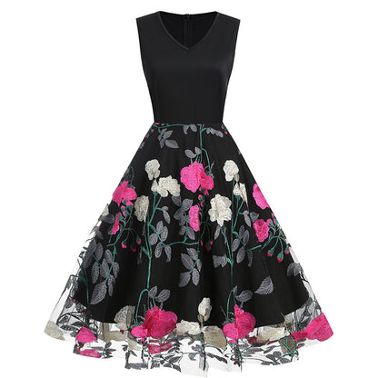 V-neck Sleeveless Mesh Peony Patchwork Dress