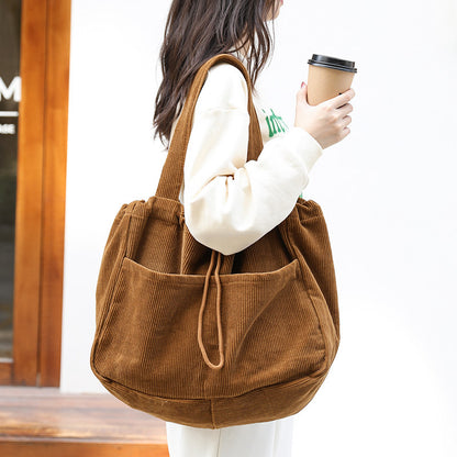 Ins Corduroy Shoulder Drawstring Multi-pocket Handbag