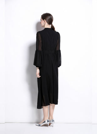 Buckle Pleated Stitching Puff Sleeve Waist-controlled Large Hem Temperament Dress