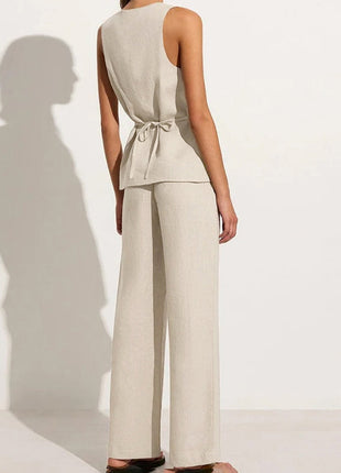 Cotton Sleeveless Square Collar Lace Up Vest High Waist Wide Leg Pants Suit Set