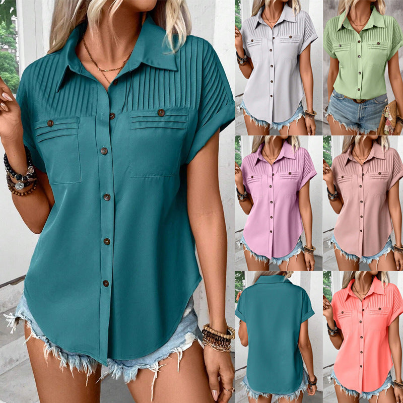 Lapel Shoulder Pleated Pocket Short Sleeve Top