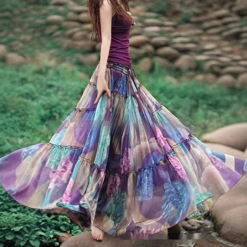 Art Retro Elastic Waist Slimming Large Hem Skirt