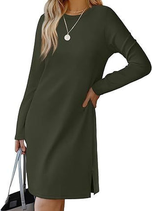 Round Neck Slit Hemline Sweater Long Sleeve Dress