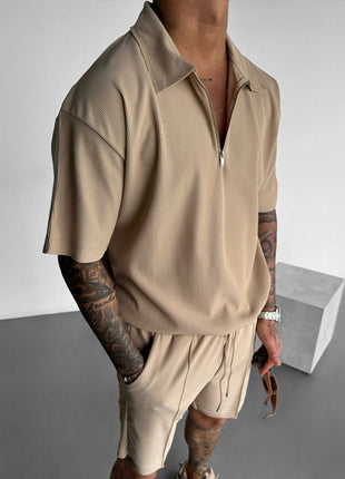 New Zipper Polo Casual Short Sleeve Drawstring Shorts Set