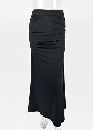 Stretch Silk Slim Hip Pleated Wide Hem Long Skirt