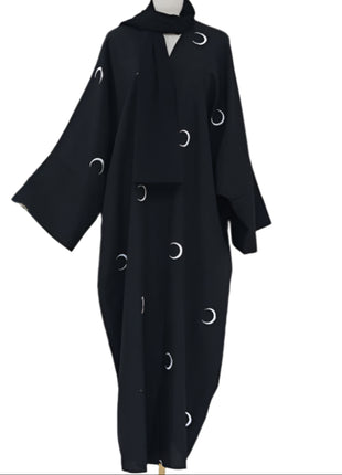 Moon Embroidery Elegant Abaya with Chiffon Headscarf