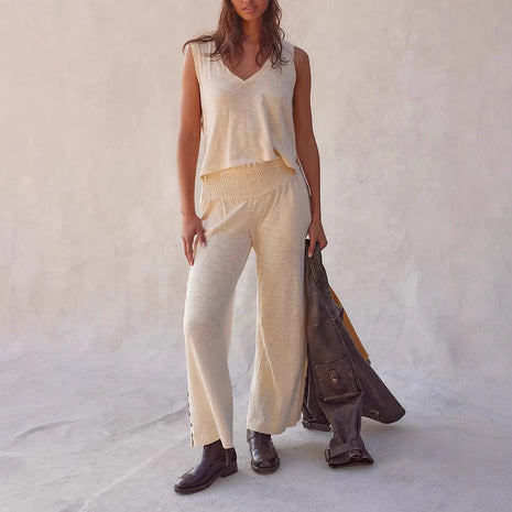 Knitted V-neck Top Elastic Waist Two-piece Suit