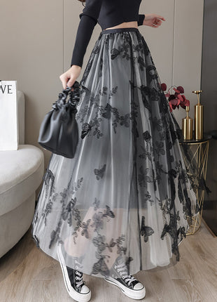 Embroidered Bow Lace Mesh Mid-length Skirt