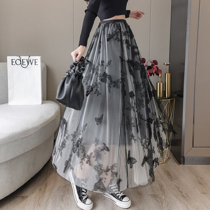 Embroidered Bow Lace Mesh Mid-length Skirt