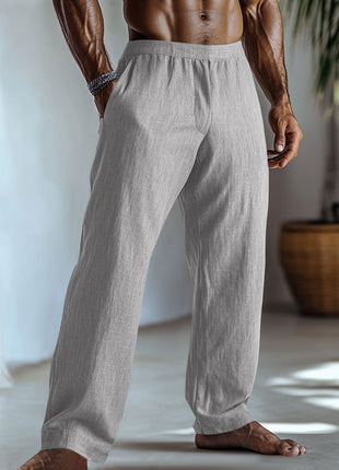 Cotton And Linen Solid Color Casual Trousers With Pockets