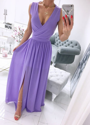 Sleeveless Ankle Skirt V-neck Front Split Dress