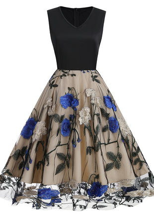 V-neck Sleeveless Mesh Peony Patchwork Dress