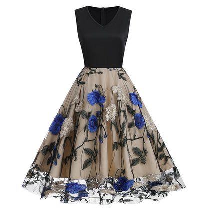 V-neck Sleeveless Mesh Peony Patchwork Dress