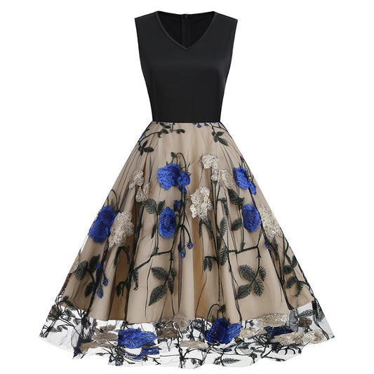 V-neck Sleeveless Mesh Peony Patchwork Dress