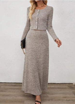 Oriented Fashion Elegant Autumn-Winter New Long-Sleeve Flared Skirt Button-Up Round Neck Cardigan Short Soft Temperament Midi Dress Set